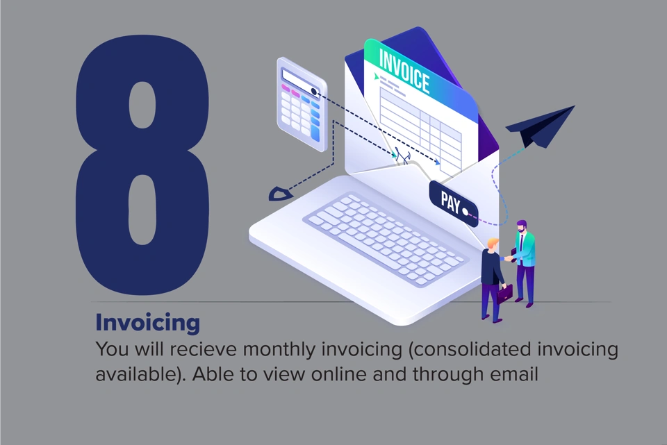 8th Step "Invoicing - You will recieve monthly invoicing (consolidated invoicing available). Able to view online and through email."