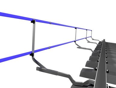 Blue temporary edge protection magnetic handrail system mounted on a metal rail track