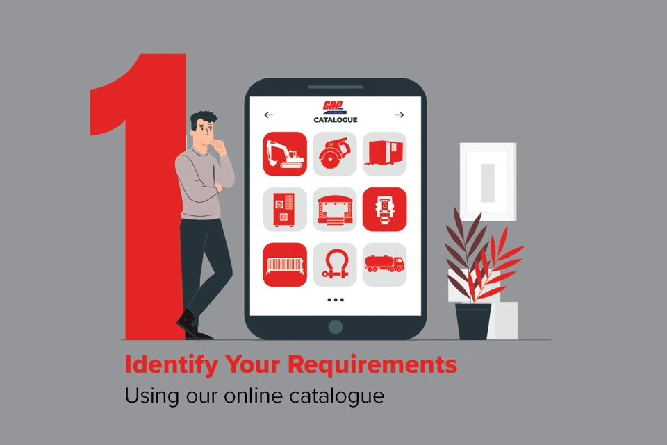 1st Step "Identify Your Requirements Using Our online catalogue" cartoon man looking at the GAP Group catalogue on a tablet.