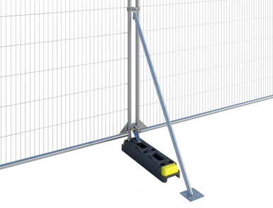 Temporary mesh construction fence panel secured with fencing stabiliser bracing