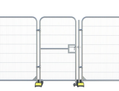 Temporary mesh site fencing with gate panel and weighted bases