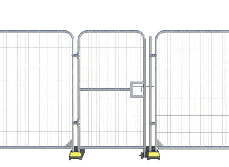 Temporary mesh site fencing with gate panel and weighted bases