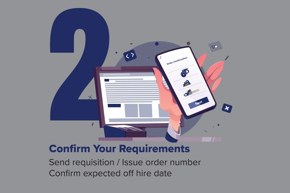 2nd Step "Confirm Your Requirements - Send requisition / Issue order number - Confirm expected off hire date." person confirming order on mobile whilst sat at a computer.